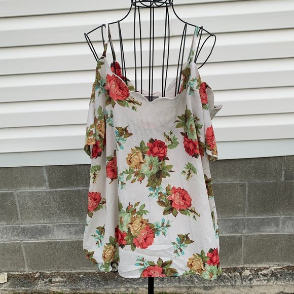 Rags to Wishes Tops - Rags to Wishes Ladies 1X White with Floral Cold Shoulder Blouse